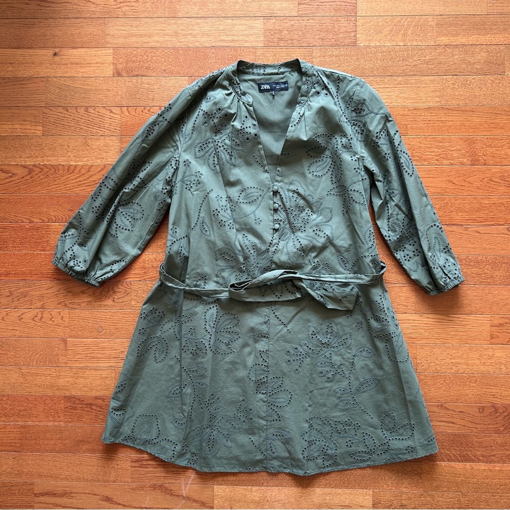 Zara Floral Embroidery Green Dress